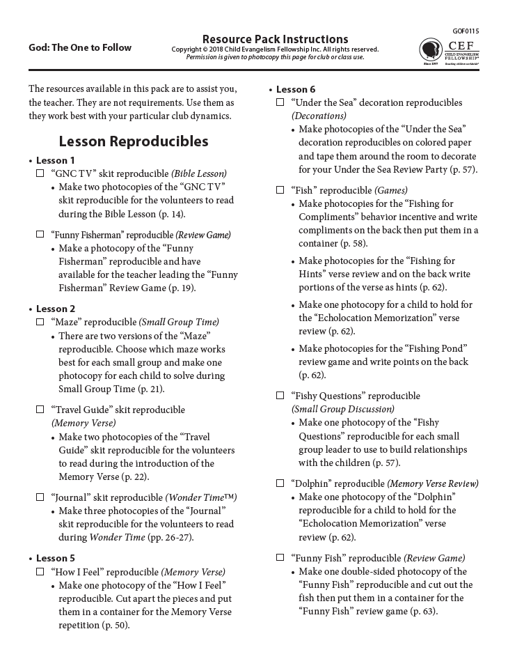 God: The One to Follow - Reproducibles